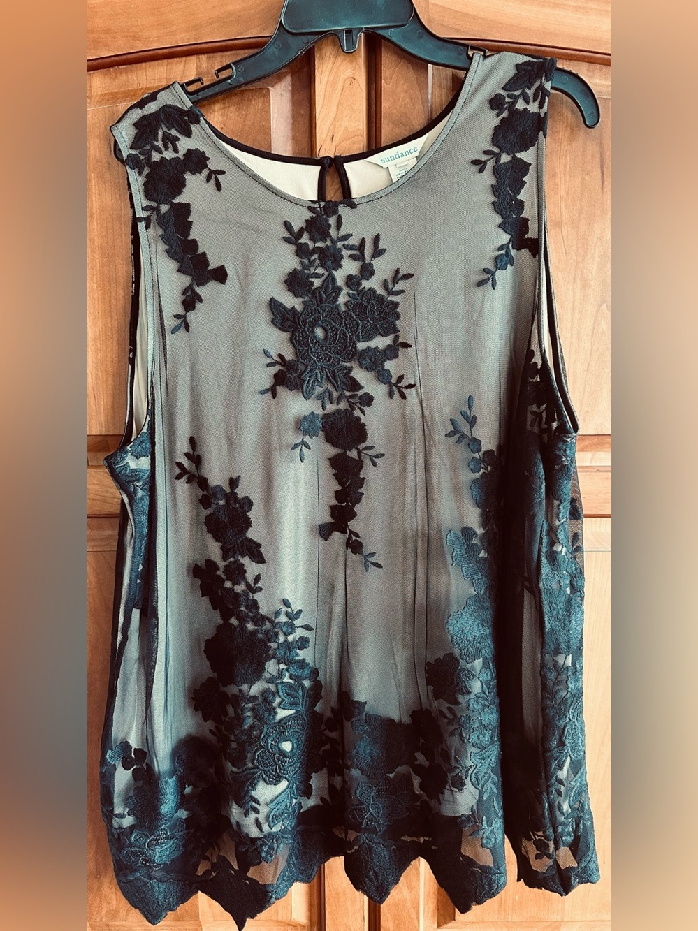 Sundance Black Embroidered Mesh Overlay Top,  Lined, XL, 24” P-T-P, NWT, unworn.